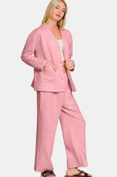Zenana Quilted Button Up Long Sleeve Top and Pants Lounge Set OutfitFlow